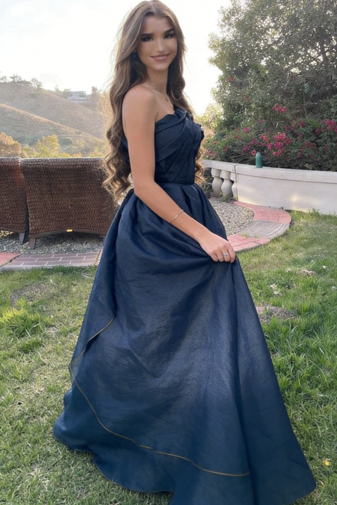 Fancy One Shoulder Navy Blue Prom Dress Pleated Bodice Satin Ball Gown Tiered Skirt,OLP2061