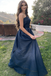 Fancy One Shoulder Navy Blue Prom Dress Pleated Bodice Satin Ball Gown Tiered Skirt,OLP2061