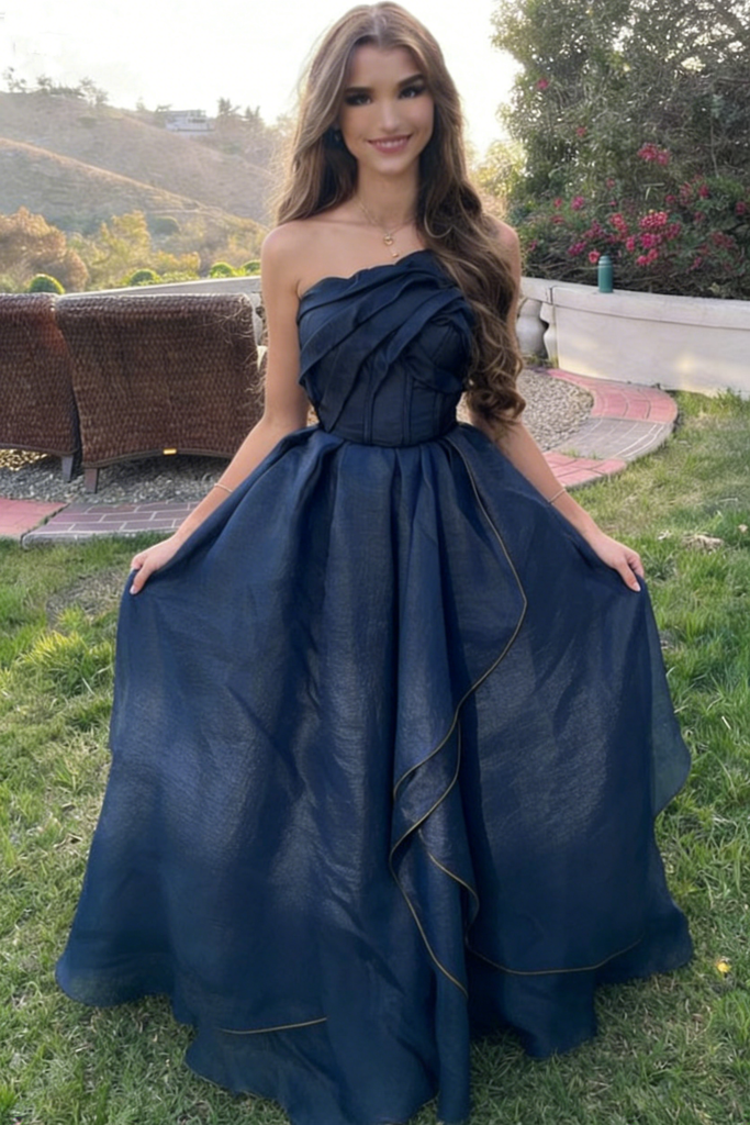 Fancy One Shoulder Navy Blue Prom Dress Pleated Bodice Satin Ball Gown Tiered Skirt,OLP2061