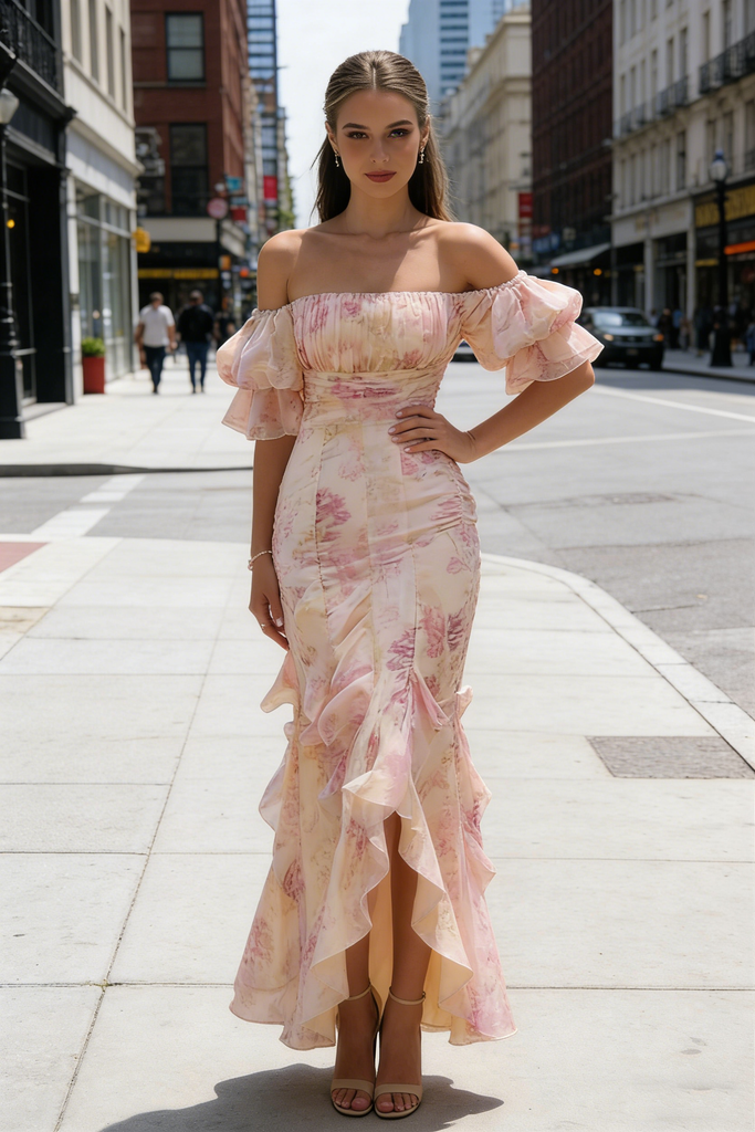 Beautiful Pink Floral Print Chiffon Prom Gown Puff Sleeve Off-Shoulder Ruffle Hem,OLP1970