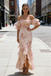Beautiful Pink Floral Print Chiffon Prom Gown Puff Sleeve Off-Shoulder Ruffle Hem,OLP1970
