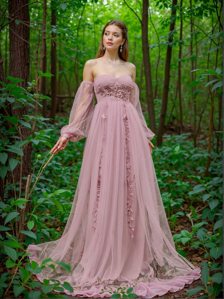 Sexy Pink Sweetheart Floral A-Line Long Prom Dress Ideas, Evening Party Dresses, OLP1298