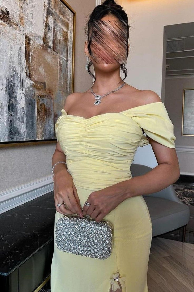 Elegant Yellow Off-Shoulder Mermaid Long Prom Dress Ideas, Evening Party Dresses, OLP1263