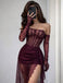 Unique Dark Red Lace Prom Dress Corset Bodice Sheer High Slit Formal Gown Gloves,OLP2173