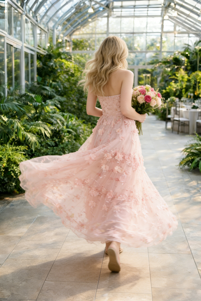 Pretty Blush Pink 3D Petal Flower Prom Gown with Modern Strapless Neckline,OLP1899