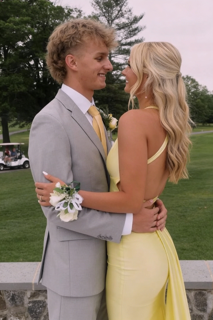 Modern Yellow Halter Neck Prom Gown with Open Back plus Mermaid Shape,OLP2040