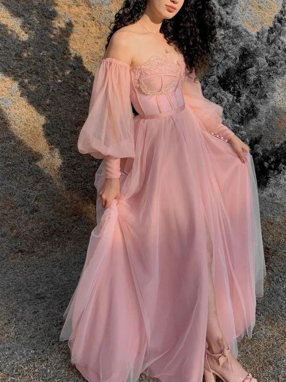 Elegant Pink Off-Shoulder A-Line Long Prom Dress Ideas, Evening Party Dresses, OLP1565