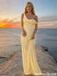 Elegant Yellow Satin Prom Gown One Shoulder Ruched Long Summer Dress,OLP1925