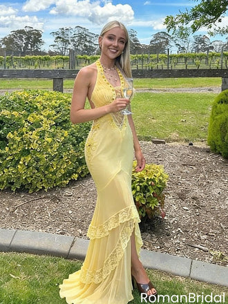 Pretty Yellow Halter Prom Dress Tiered Lace Mermaid Backless Chiffon Formal Gown,OLP1880