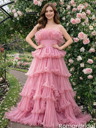 Pretty Dusty Rose Tiered Prom Gown Strapless Ruffle Tulle Layered Party Dress,OLP2095