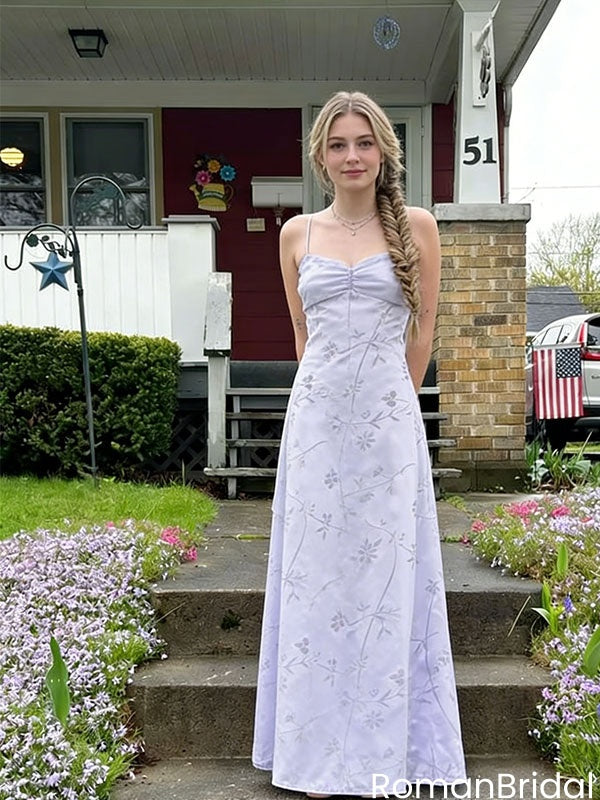 Pretty Lavender Floral Print A-Line Prom Dress Ruched Bust Straps,OLP2108