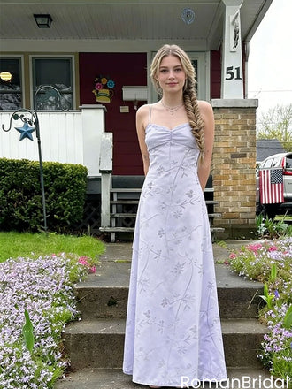 Pretty Lavender Floral Print A-Line Prom Dress Ruched Bust Straps,OLP2108