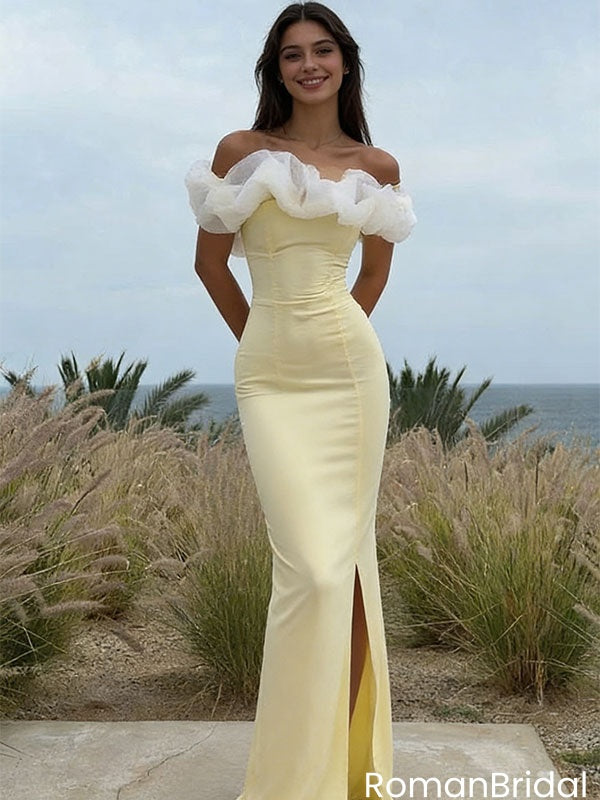 Modern Yellow Off-the-Shoulder Prom Gown White Organza Ruffle Trim,OLP2007