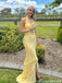 Pretty Yellow Halter Prom Dress Tiered Lace Mermaid Backless Chiffon Formal Gown,OLP1880