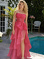 Vibrant Hot Pink Chiffon Prom Gown Tiered Ruffle High Low Strapless Party Dress,OLP1913