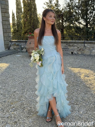 Modern Baby Blue Ruffled High Low Prom Gown Strapless Organza Formal Dress,OLP2051