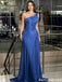 One-Shoulder Royal Blue Pleated Slit Draped Evening Dress For Prom,OLP2219