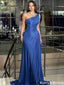 One-Shoulder Royal Blue Pleated Slit Draped Evening Dress For Prom,OLP2219