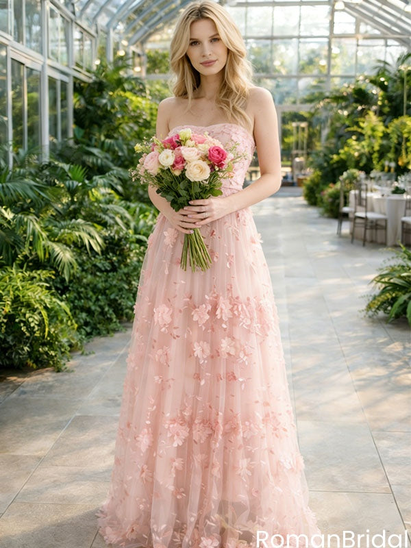 Pretty Blush Pink 3D Petal Flower Prom Gown with Modern Strapless Neckline,OLP1899