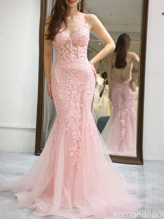 Beautiful Pink Floral Applique V-Neck Prom Dress Sheer Bodice Tulle Mermaid Gowns,OLP1841