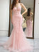 Beautiful Pink Floral Applique V-Neck Prom Dress Sheer Bodice Tulle Mermaid Gowns,OLP1841