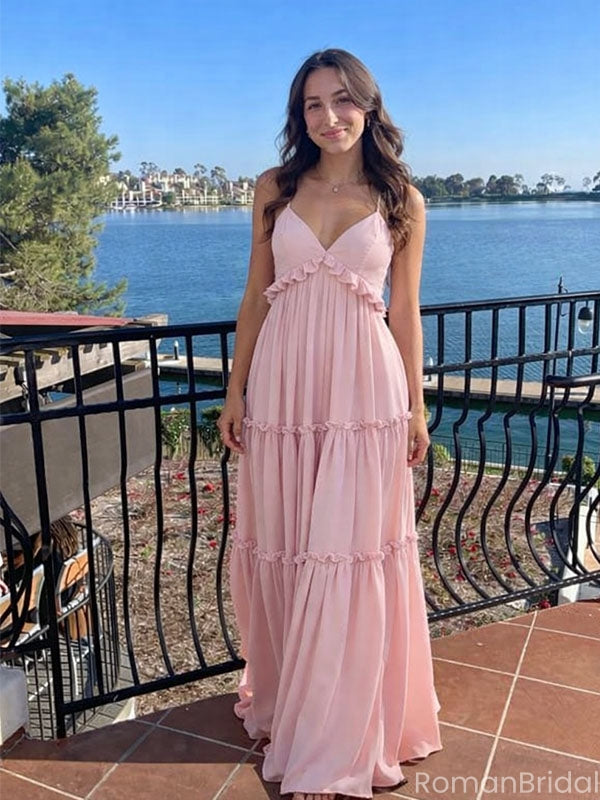 Fancy Pink Ruffled Empire Waist Prom Dress Sleeveless V-Neck Tiered Chiffon Maxi Gown,OLP1829