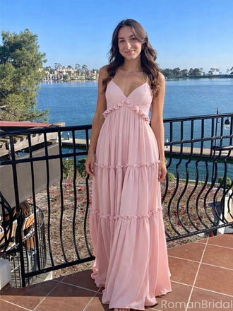 Fancy Pink Ruffled Empire Waist Prom Dress Sleeveless V-Neck Tiered Chiffon Maxi Gown,OLP1829