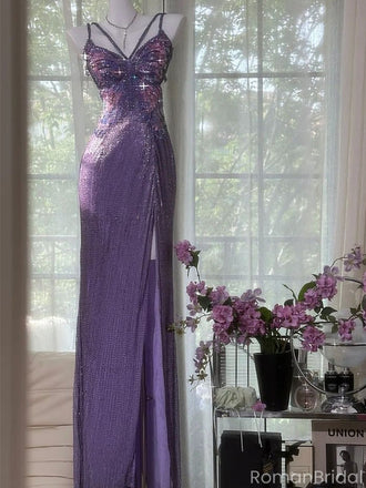 Shiny Purple Spaghetti Strap Sleeveless Mermaid Long Prom Dress Ideas, Evening Party Dresses , OLP1199