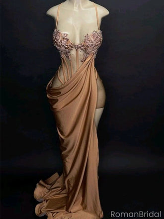 Sexy Glod Spaghetti Strap Mermaid Long Prom Dress Ideas, Evening Party Dresses, OLP1312