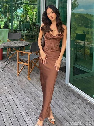 Elegant Brown Spaghetti Strap Mermaid Long Prom Dress Ideas, Evening Party Dresses, OLP1378