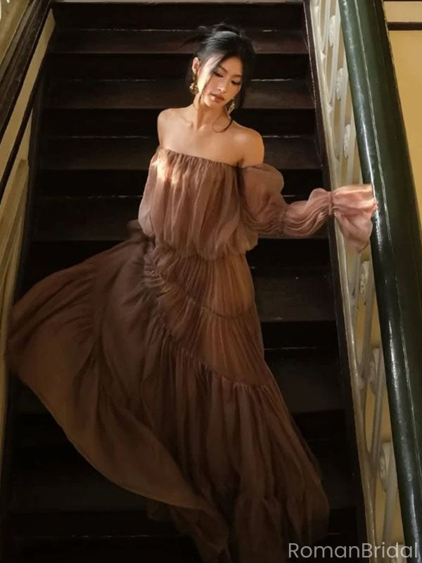 Elegant Brown Long Sleeve A-Line Long Prom Dress Ideas, Evening Party Dresses, OLP1671