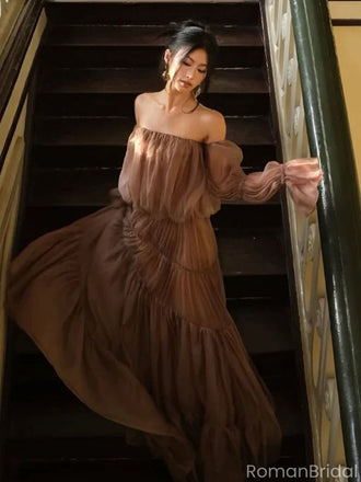 Elegant Brown Long Sleeve A-Line Long Prom Dress Ideas, Evening Party Dresses, OLP1671