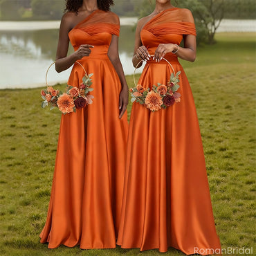 Elegant Orange One-Shoulder Sleeveless Mermaid Long Bridesmaid Dresses Online, BG892