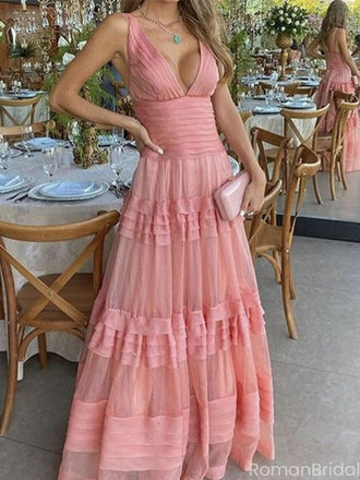 Elegant Pink V-Neck A-Line Long Prom Dress Ideas, Evening Party Dresses, OLP1494