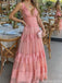 Elegant Pink V-Neck A-Line Long Prom Dress Ideas, Evening Party Dresses, OLP1494
