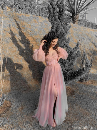 Elegant Pink Off-Shoulder A-Line Long Prom Dress Ideas, Evening Party Dresses, OLP1565