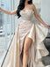 Fancy Pearl Beaded Corset Prom Dress Strapless High Slit Satin Ruched Drape Ball Gown,OLP1722