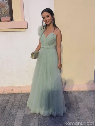 Popular Floral Green V-Neck A-Line Sleeveless Long Prom Dress Ideas, Evening Party Dresses, OLP1323
