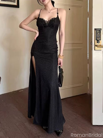 Sexy Black Spaghetti Strap Mermaid Side Slit Lace Long Prom Dress Ideas, Evening Party Dresses , OLP1216