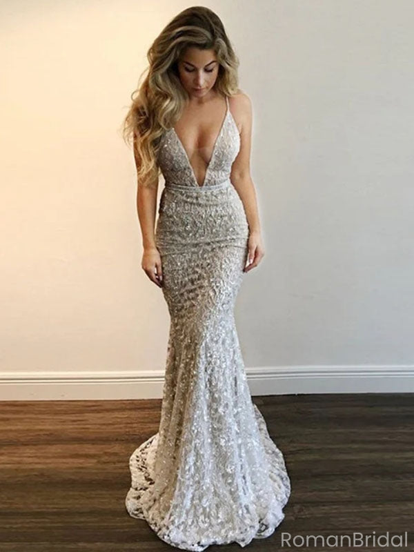 Sexy White V-Neck Mermaid Long Prom Dress Ideas, Evening Party Dresses, OLP1616