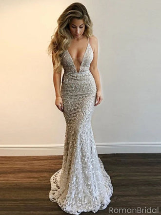 Sexy White V-Neck Mermaid Long Prom Dress Ideas, Evening Party Dresses, OLP1616