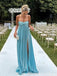 Sexy Pleated Metallic Blue Prom Dress Strapless High Slit Formal Party Gown,OLP1852