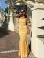 Pretty Yellow Jacquard Mermaid Prom Dress Elegant Square Neck Sleeveless Gown,OLP1814
