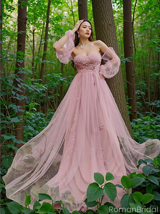 Sexy Pink Sweetheart Floral A-Line Long Prom Dress Ideas, Evening Party Dresses, OLP1298