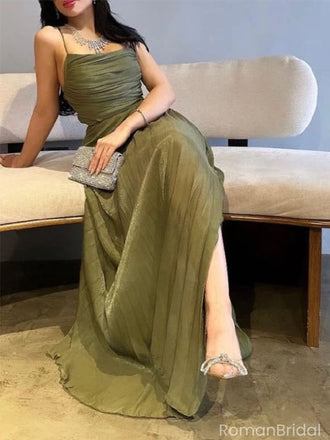 Elegant Green Spaghetti Strap A-Line Long Prom Dress Ideas, Evening Party Dresses, OLP1352