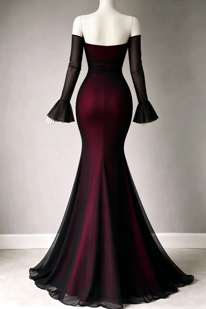 Modern Elegant Burgundy Mermaid Prom Dress Off-Shoulder Long Sleeve Formal Gown,OLP2275