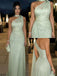 Elegant Sage Green One Shoulder Prom Dress Sequin Embroidered Sheer Mesh Gown,OLP2084