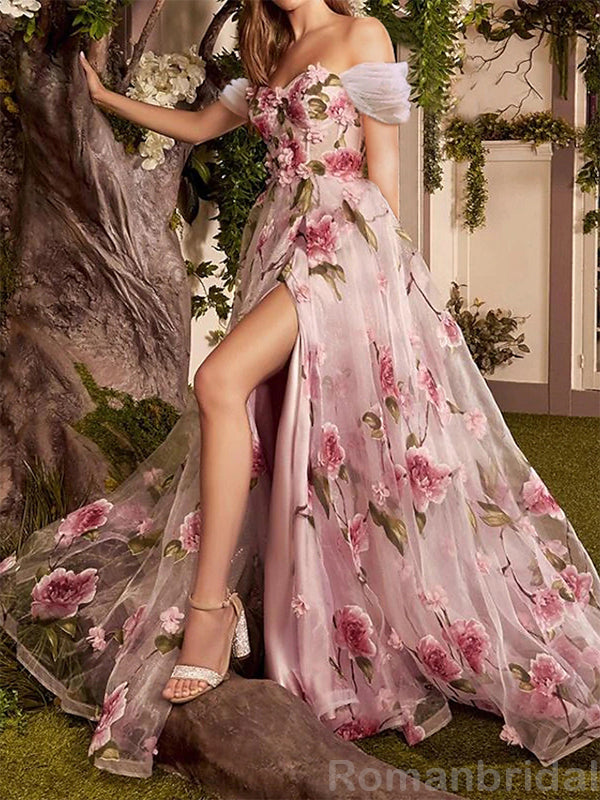 Elegant Off the Shoulder Flower Applique A-line Evening Prom Dress with Side Slit, OL068