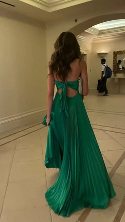 Elegant Green Spaghetti Strap A-Line Long Prom Dress Ideas, Evening Party Dresses, OLP1254