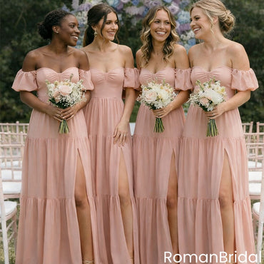 Boho Pink Off-The-Shoulder Bridesmaid Dresses High Slit Tiered Chiffon Skirts,BG956
